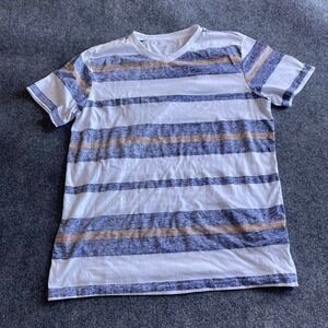 Blue Crown Mens XL V-Neck‎ T-Shirt Blue Brown White Striped Short Sleeve Tee